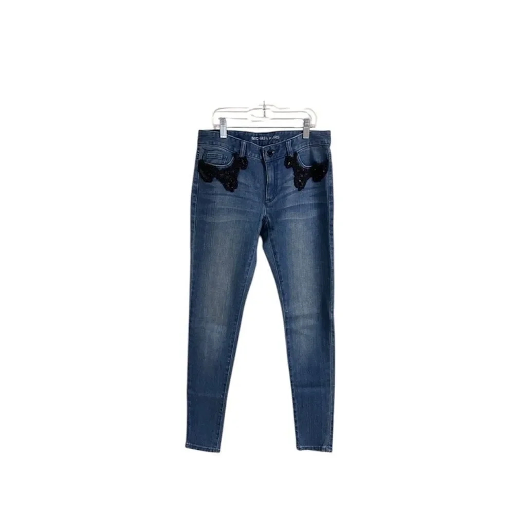 Michael Kors Blue Skinny Denim Jeans Embroidered Aplique Rare Sz 2